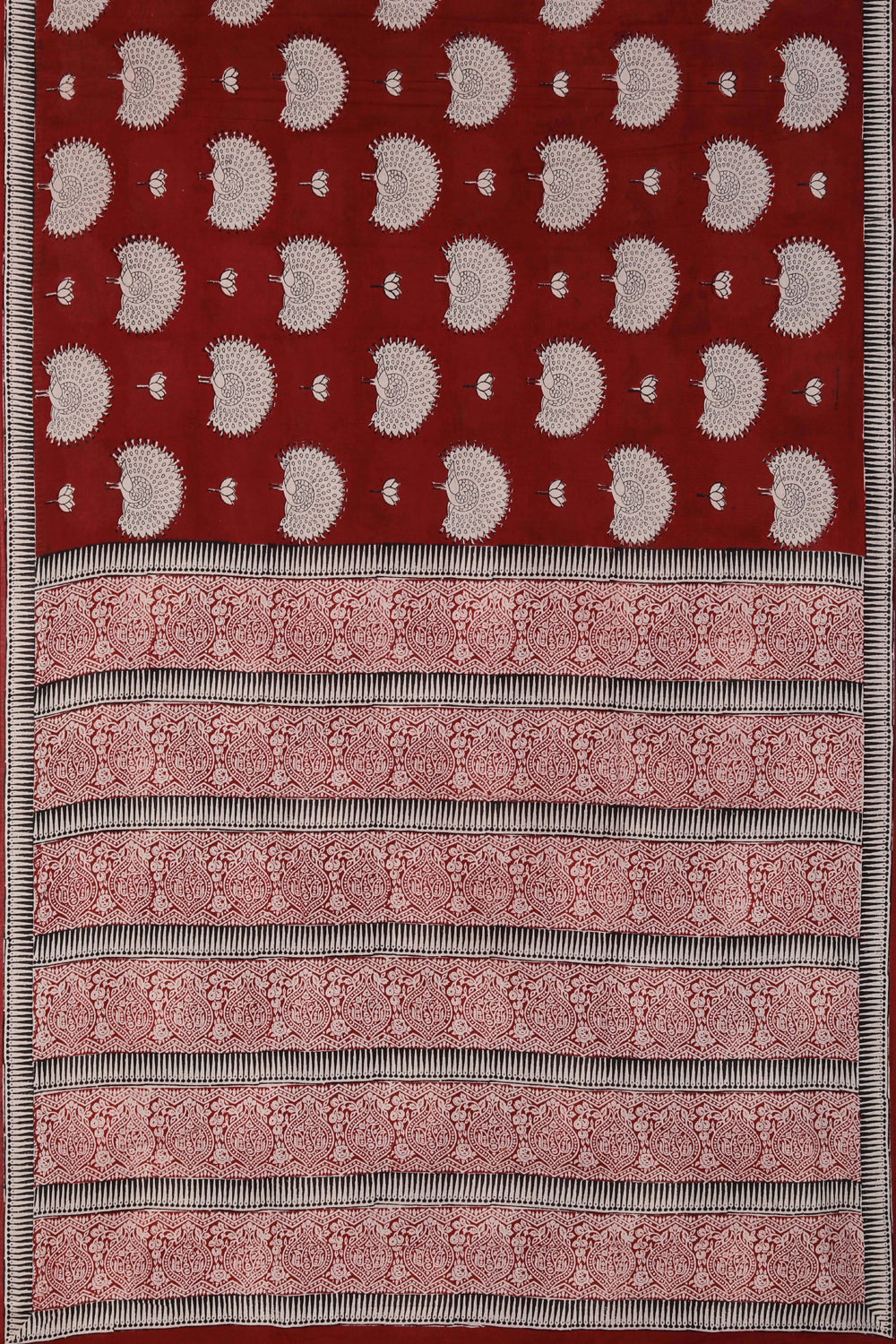 Image of Maroon peacock Bagh block printed Mul cotton saree